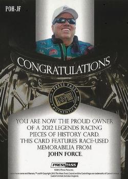 2012 Press Pass Legends - Pieces of History Memorabilia Silver #POH-JF1 John Force Back