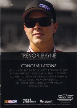 2012 Press Pass Redline - Relic Autographs Gold #RLR-TB Trevor Bayne Back