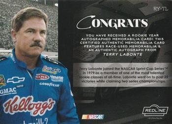 2012 Press Pass Redline - Rookie Year Relic Autographs Red #RY-TL Terry Labonte Back