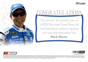 2012 Press Pass Showcase - Prized Pieces Ink #PPI-MM Mark Martin Back