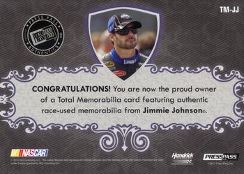 2012 Press Pass Total Memorabilia - Jumbo Swatch Gold #TM-JJ Jimmie Johnson Back