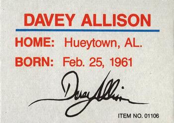 1989-92 Racing Champions Stock Car #01106 Davey Allison Back