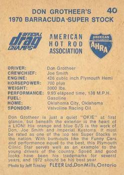 1971 Fleer AHRA Drag Champs Canadian #40 Don Grotheer Back
