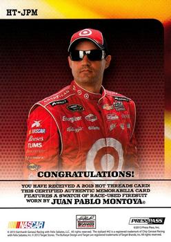 2013 Press Pass Ignite - Hot Threads Silver #HT-JPM Juan Pablo Montoya Back