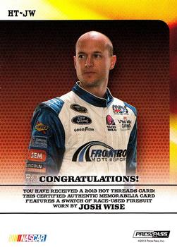 2013 Press Pass Ignite - Hot Threads Silver #HT-JW Josh Wise Back