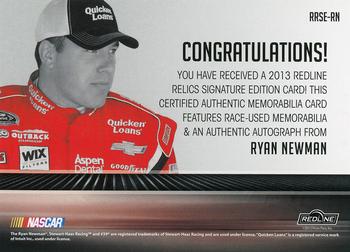 2013 Press Pass Redline - Relics Signature Edition Red #RRSE-RN Ryan Newman Back