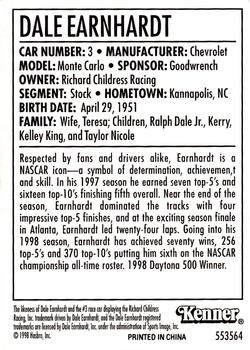 1998 Kenner/Winner's Circle Starting Lineup Cards #553564 Dale Earnhardt Back