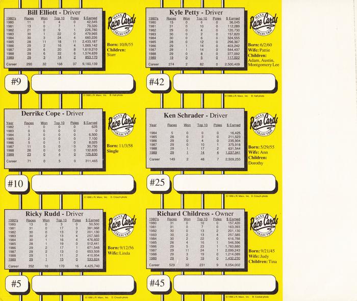 1991 Maxx Racing For Kids Special Edition - 6 Card Panels #NNO Richard Childress / Ken Schrader / Kyle Petty / Ricky Rudd / Derrike Cope / Bill Elliott Back