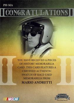 2013 Press Pass Legends - Pieces of History Memorabilia Silver #PH-MA Mario Andretti Back