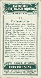1929 Ogdens Famous Dirt Track Riders #13 Jim Kempster Back
