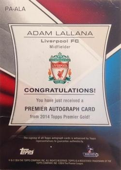 2014 Topps Premier Gold - Premier Autographs #PA-ALA Adam Lallana Back