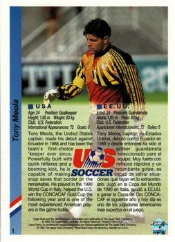 1993 Upper Deck World Cup Preview (English/Spanish) #1 Tony Meola Back