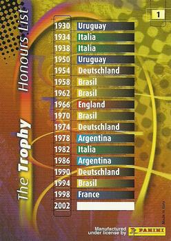 2002 Panini World Cup #1 FIFA World Cup Trophy Back