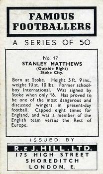 1939 R & J Hill Famous Footballers Series 1 #17 Stanley Matthews Back