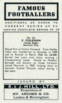 1939 R & J Hill Famous Footballers Series 2 #63 Ernest Coleman Back
