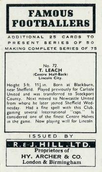 1939 R & J Hill Famous Footballers Series 2 #72 Tony Leach Back