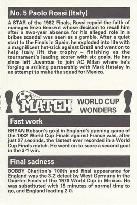 1986 Match World Cup Wonders #5 Paolo Rossi Back