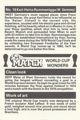 1986 Match World Cup Wonders #18 Karl-Heinz Rummenigge Back