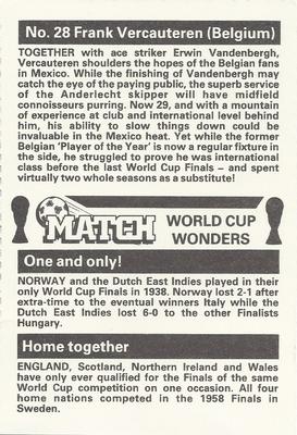 1986 Match World Cup Wonders #28 Frank Vercauteren Back