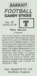 1985-86 Bassett & Co. Football Candy Sticks #16 Paul Walsh Back