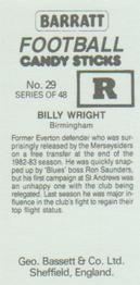 1985-86 Bassett & Co. Football Candy Sticks #29 Billy Wright Back