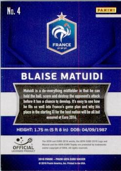 2016 Panini Prizm UEFA Euro #4 Blaise Matuidi Back