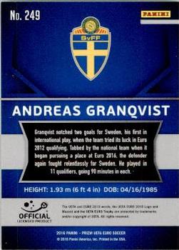 2016 Panini Prizm UEFA Euro #249 Andreas Granqvist Back