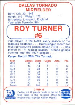 1977 Burger King Dallas Tornado #3 Roy Turner Back