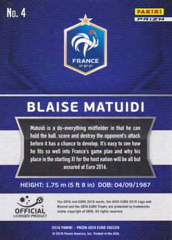 2016 Panini Prizm UEFA Euro - Silver Prizms #4 Blaise Matuidi Back