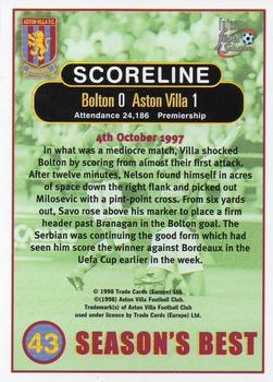 1998 Futera Aston Villa Fans Selection #43 Bolton 0 Aston Villa 1 Back