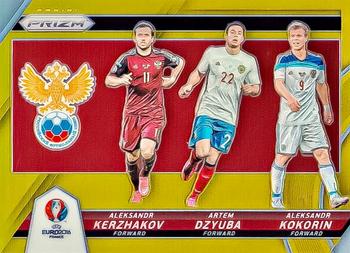 2016 Panini Prizm UEFA Euro - Country Combinations Triples Gold Prizms #17 Aleksandr Kerzhakov / Artem Dzyuba / Aleksandr Kokorin Front