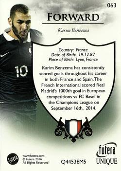 2016 Futera Unique World Football #63 Karim Benzema Back