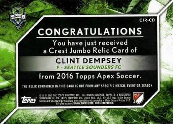 2016 Topps Apex MLS - Crest Jumbo Relics #CJR-CD Clint Dempsey Back