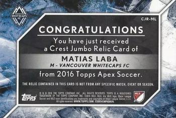 2016 Topps Apex MLS - Crest Jumbo Relics #CJR-ML Matias Laba Back