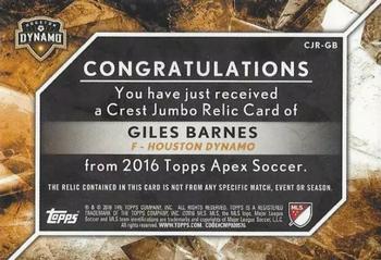 2016 Topps Apex MLS - Crest Jumbo Relics Red Patch #CJR-GB Giles Barnes Back