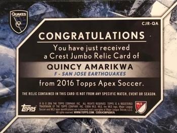 2016 Topps Apex MLS - Crest Jumbo Relics Red Patch #CJR-QA Quincy Amarikwa Back