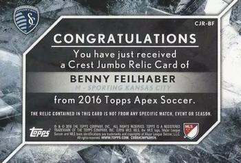 2016 Topps Apex MLS - Crest Jumbo Relics Red Collar #CJR-BF Benny Feilhaber Back