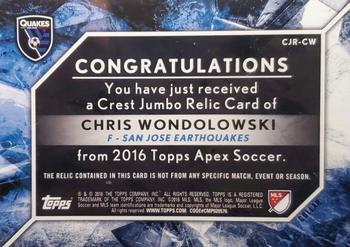 2016 Topps Apex MLS - Crest Jumbo Relics Red Collar #CJR-CW Chris Wondolowski Back