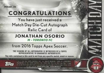 2016 Topps Apex MLS - Match Day Die Cut Autograph Relics #MDAR-JO Jonathan Osorio Back