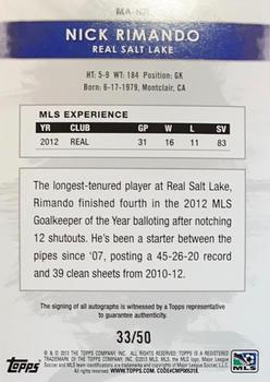 2013 Topps MLS - Maestros Autographs Purple #MA-NR Nick Rimando Back