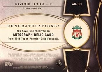2016 Topps Premier Gold - Autograph Relics #AR-DO Divock Origi Back