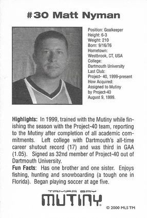 2000 Snickers Tampa Bay Mutiny #NNO Matt Nyman Back