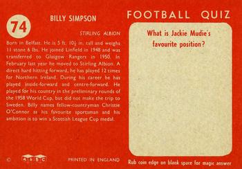 1959-60 A&BC Chewing Gum #74 Billy Simpson Back