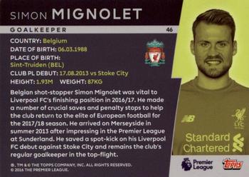2018 Topps Platinum Premier League #46 Simon Mignolet Back