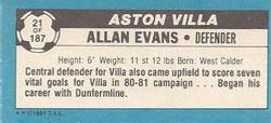 1981-82 Topps Footballer - Singles #21 Allan Evans Back