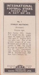 1958 Kane International Football Stars #1 Stanley Matthews Back
