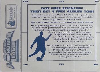 2002 Merlin's F.A. Premier League #NNO NOTW sticker sheet Back