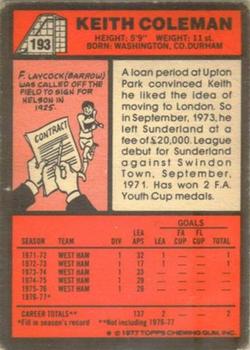 1977-78 Topps Footballer English (Red Backs) #193 Keith Coleman Back