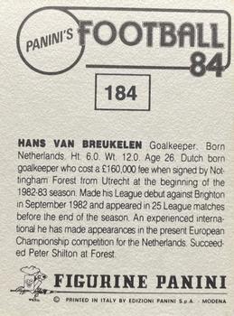 1983-84 Panini Football 84 (UK) #184 Hans van Breukelen Back