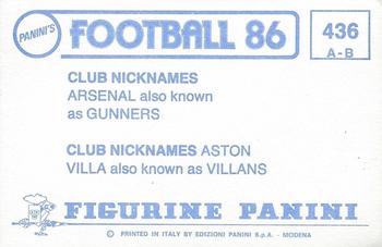 1985-86 Panini Football 86 (UK) #436 The Gunners / The Villans Back